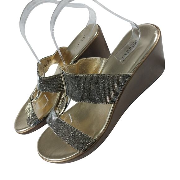 PESARO! "SUSAN" GOLD & BLACK MESH DUAL STRAP/T STRAP GOLD HARDWARE HEELS! SZ 11M - Picture 1 of 10